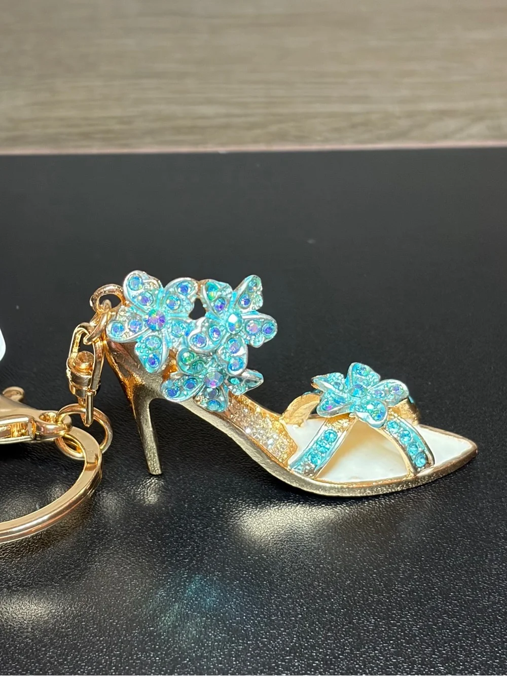 Gold High Heel Keychain with Turquoise Crystal Flowers